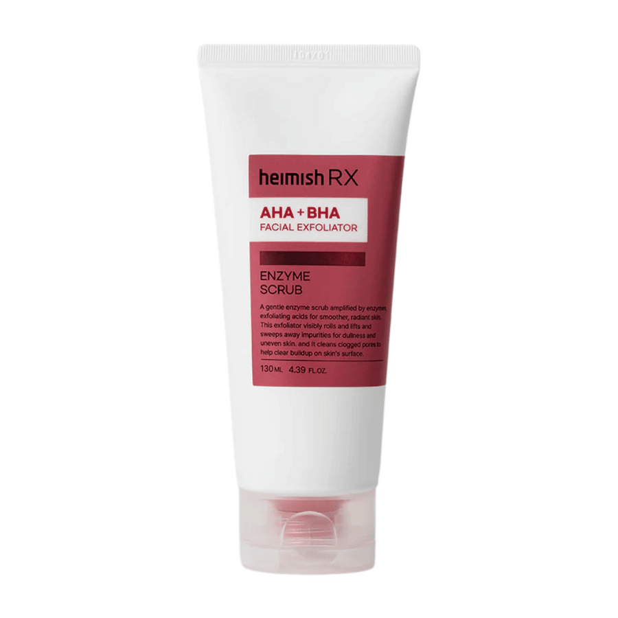 Heimish RX AHA + BHA Enzyme Scrub v beli tubi z rdečo etiketo. Piling za obraz, ki vsebuje AHA in BHA za odstranjevanje nečistoč in izboljšanje teksture kože. Izdelek je postavljen na belo ozadje.