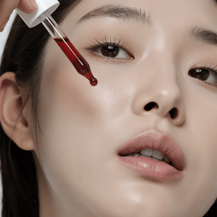 Bližnji posnetek ženske z gladko kožo, ki s pipeto nanaša Heimish RX AHA BHA 30% Peeling Serum, kjer se rdeča kapljica pripravlja, da zadene njen obraz.