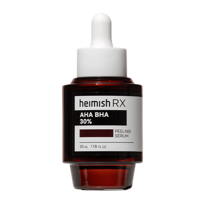 Heimish RX AHA BHA 30% Peeling Serum v temno rdeči steklenički s pipeto, zasnovan za piling in izboljšano teksturo kože.
