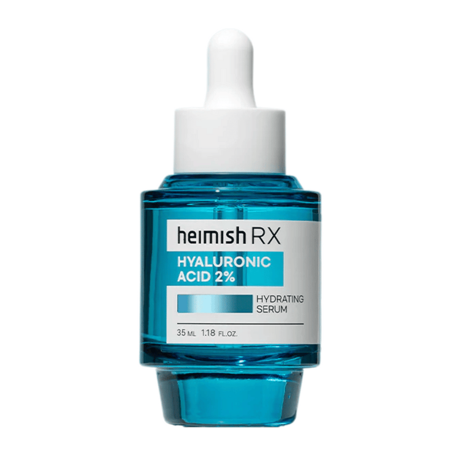 Heimish RX Hyaluronic Acid 2% Hydrating Serum v modri steklenički s pipetnim pokrovčkom, zasnovan za intenzivno vlaženje kože.