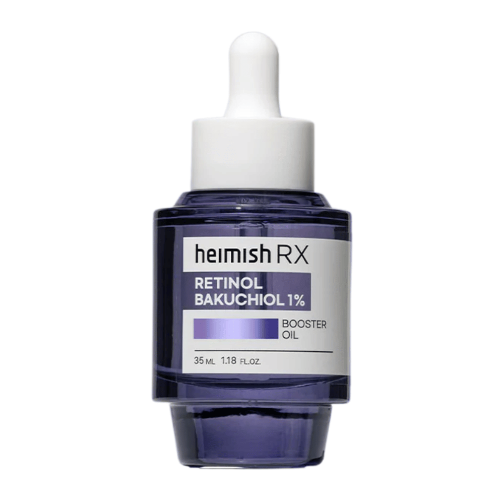 Heimish RX Retinol Bakuchiol Booster Oil v elegantni vijolični steklenički s pipeto, zasnovan za izboljšanje elastičnosti kože in zmanjšanje drobnih linij.