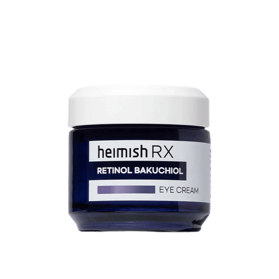 Heimish RX Retinol Bakuchiol Eye Cream v temno modrem lončku z belim pokrovom. Krema za oči, obogatena z retinolom in bakuchiolom za gladkejšo in čvrstejšo kožo okoli oči.