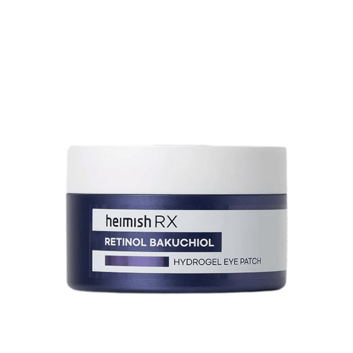 Heimish RX Retinol Bakuchiol Hydrogel Eye Patch v temno modri posodi z belim pokrovom. Intenzivno vlažilni in učvrstitveni obliži za oči za mladostnejši videz.