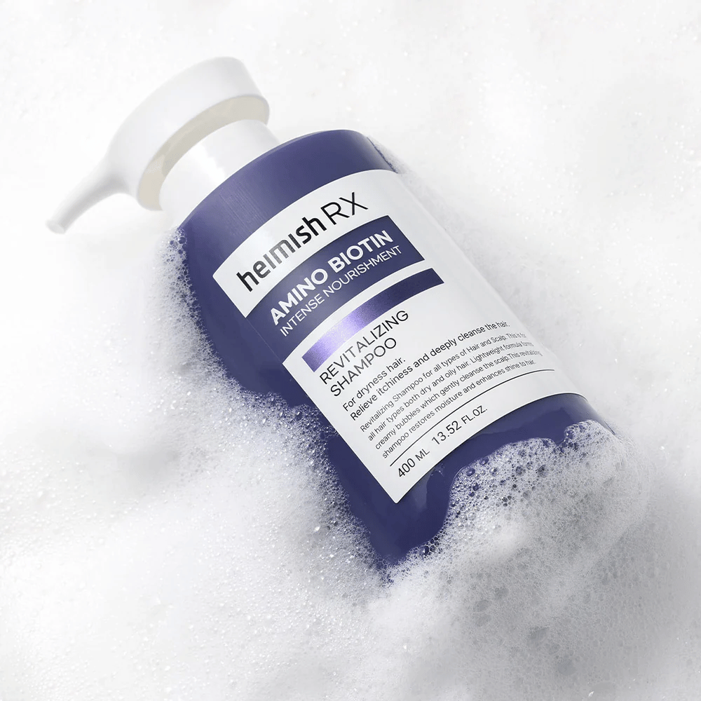 Heimish RX Amino Biotin Revitalizing Shampoo 400 ml v peni – hranljiv šampon za suhe lase, ki nežno čisti in vlaži lasišče.