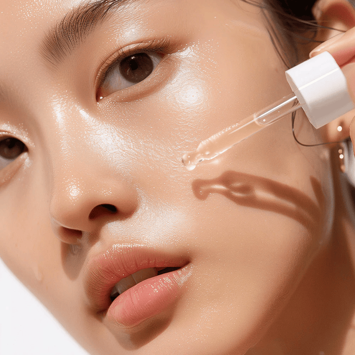 Povečava osebe s sijočo kožo, ki s pipeto nanaša Heimish RX Retinol Bakuchiol Booster Oil. Olje se nežno kaplja na lice za intenzivno vlaženje in nego.