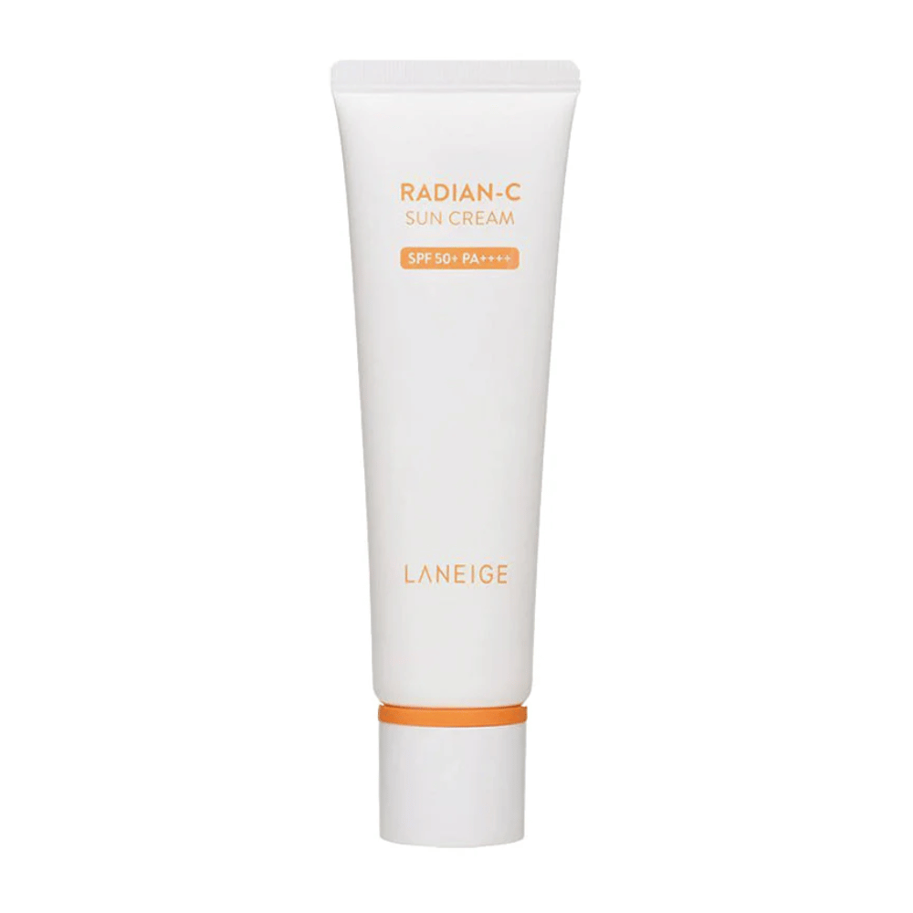LANEIGE Radian-C Sun Cream SPF 50+ PA++++ v beli tubi z oranžnim besedilom, na beli podlagi.