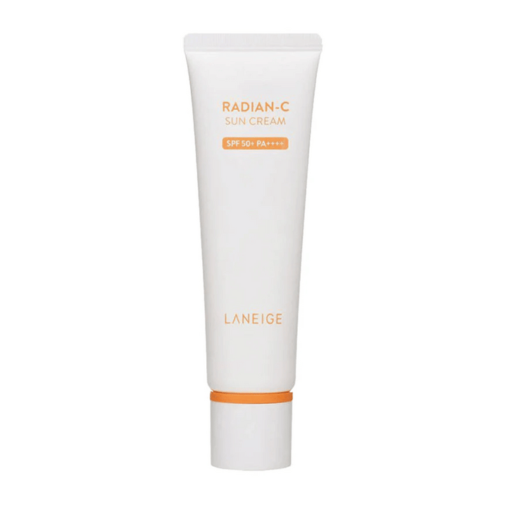 LANEIGE Radian-C Sun Cream SPF 50+ PA++++ v beli tubi z oranžnim besedilom, na beli podlagi.