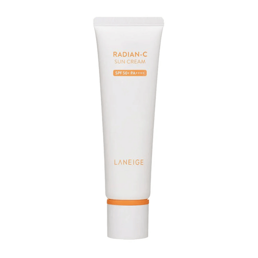 LANEIGE Radian-C Sun Cream SPF 50+ PA++++ v beli tubi z oranžnim besedilom, na beli podlagi.
