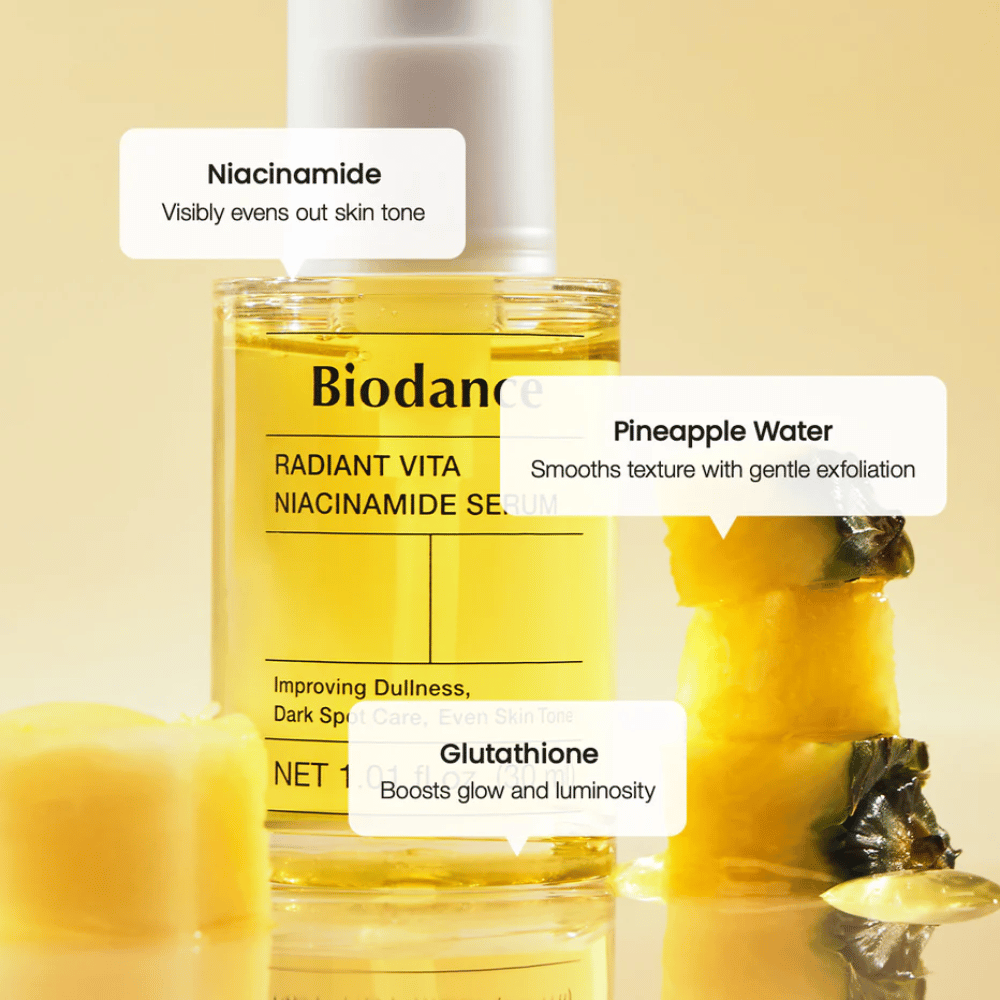 Biodance Radiant Vita Niacinamide Serum z niacinamidom, ananasovo vodo in glutationom za sijaj, enakomeren ten kože in blago eksfoliacijo