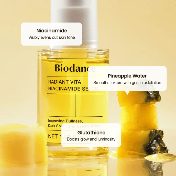 Biodance Radiant Vita Niacinamide Serum z niacinamidom, ananasovo vodo in glutationom za sijaj, enakomeren ten kože in blago eksfoliacijo