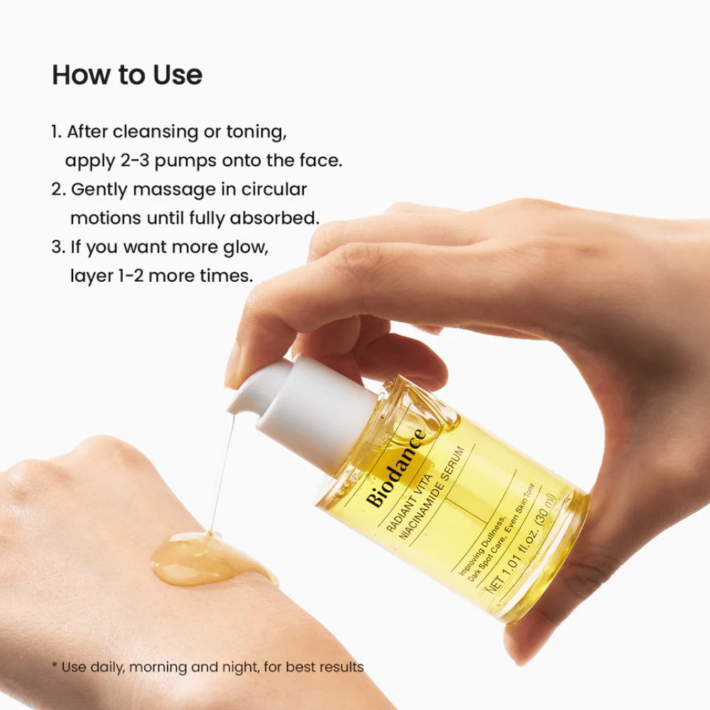 Biodance Radiant Vita Niacinamide Serum se nanaša na roko – kako uporabiti serum po čiščenju za enakomernejši ten kože in sijaj