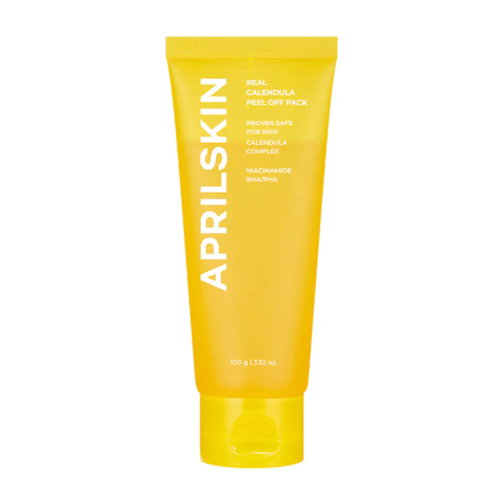Slika prikazuje rumeno tubo z "Real Calendula Peel Off Pack" iz APRILSKIN. Izdelek vsebuje sestavine, kot so ognjič, niacinamid ter BHA in PHA za nežno eksfoliacijo kože.