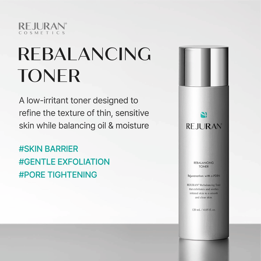 Rejuran Rebalancing Toner 120 ml, nežno piling delujoč tonik za obraz s C-PDRN za občutljivo kožo. Srebrna steklenička s prednostmi izdelka.