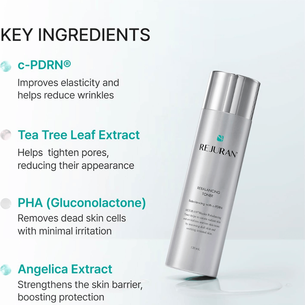 Rejuran Rebalancing Toner 120 ml s C-PDRN, izvlečkom tea tree, PHA in izvlečkom angelike. Srebrna steklenička s pregledom sestavin.