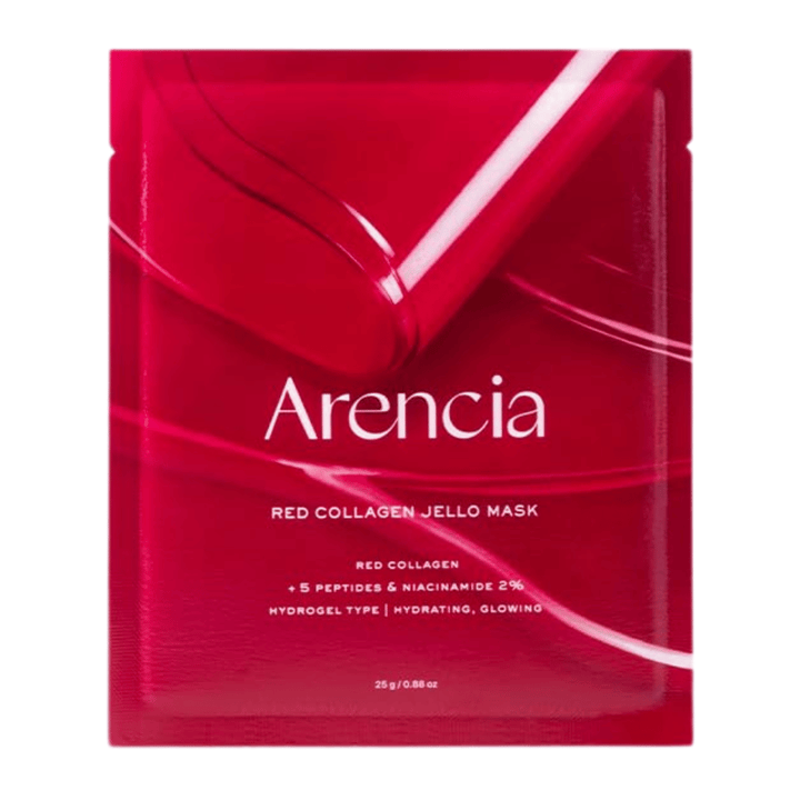 Povečana slika Arencia Red Collagen Jello Mask, ki prikazuje gelno konsistenco in serum bogato masko za intenzivno kolagensko nego.