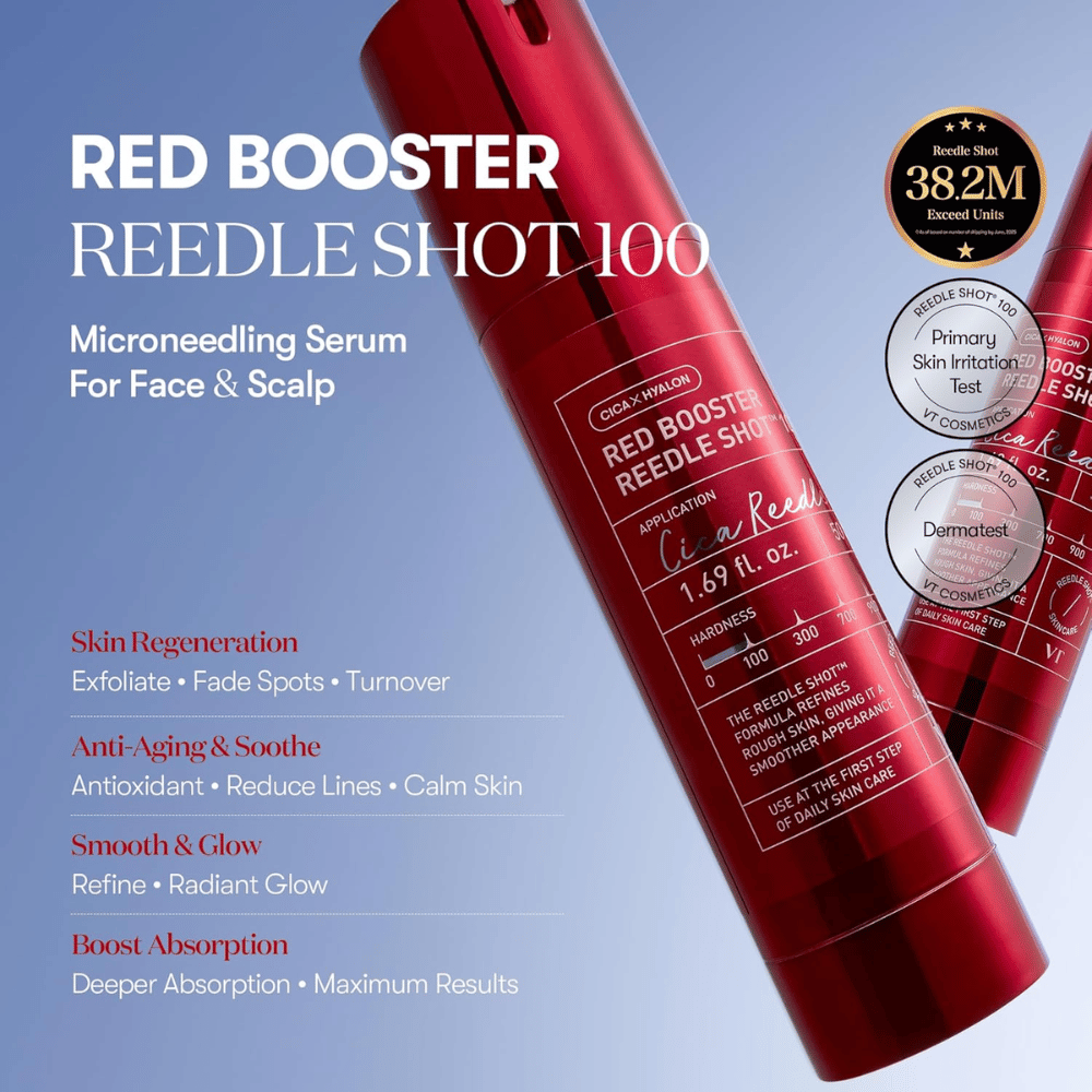 VT Cosmetics Red Booster Reedle Shot 100 microneedling-serum za obraz in lasišče, zasnovan za obnovo kože, povečano absorpcijo, anti-age učinek, enakomernejši ten kože in naravni sijaj.