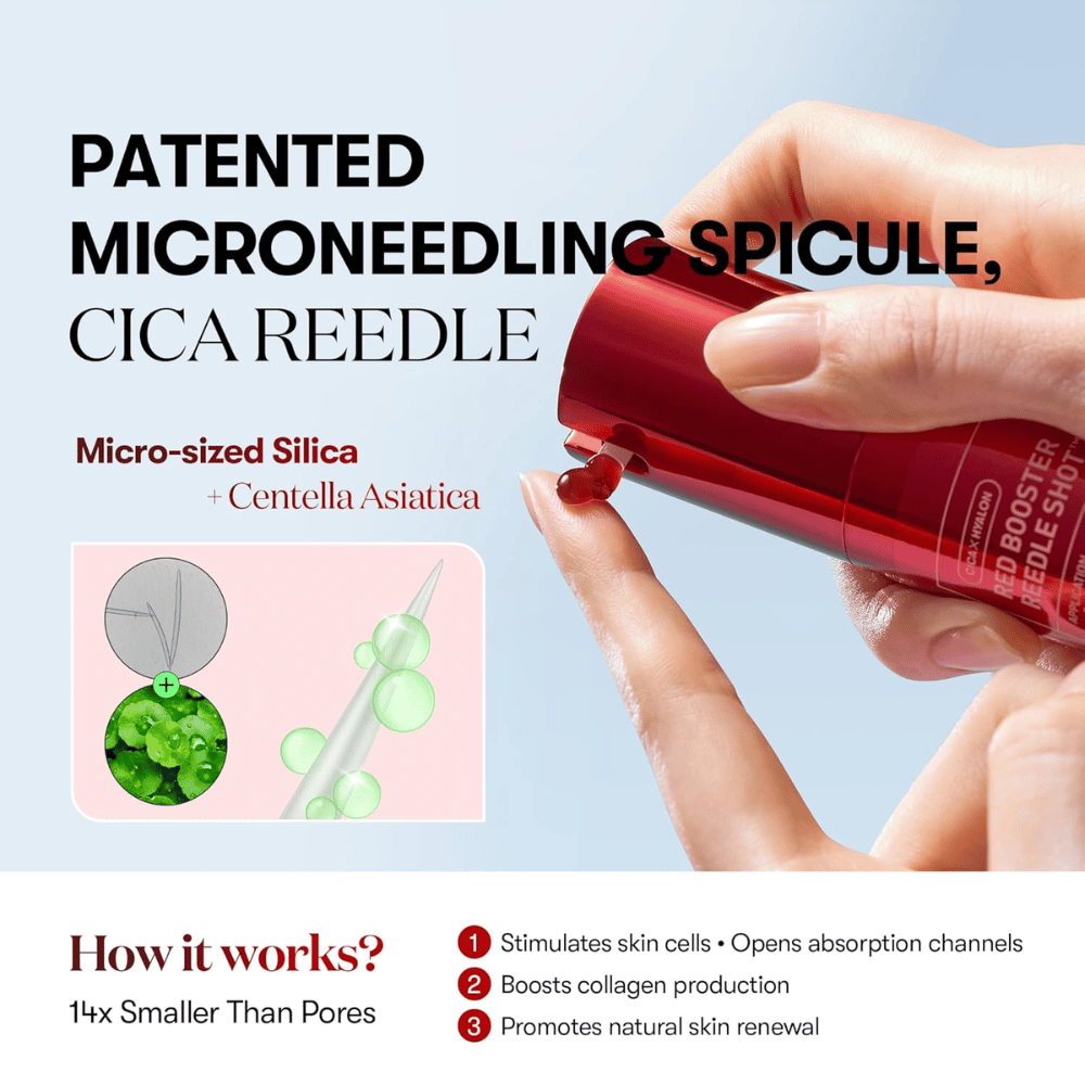 Povečava na VT Cosmetics Red Booster Reedle Shot 100 prikazuje patentirano microneedling-spikulo s CICA Reedle, mikroskopsko siliko in Centella Asiatica, ki spodbuja obnovo kože in kolagen.