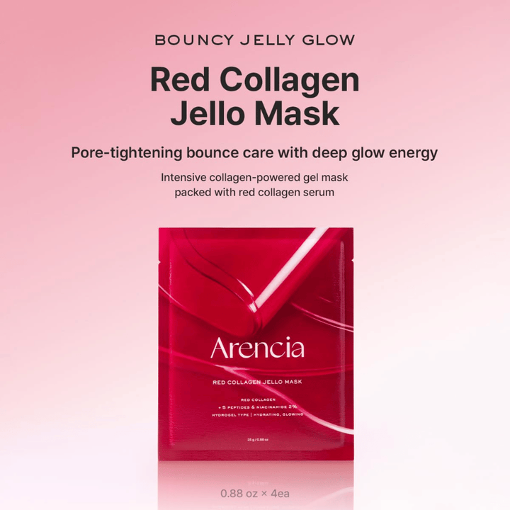 Arencia Red Collagen Jello Mask v originalni embalaži – korejska hidrogelna maska z rdečim kolagenom in peptidi za napeto, vlažno in sijočo kožo.