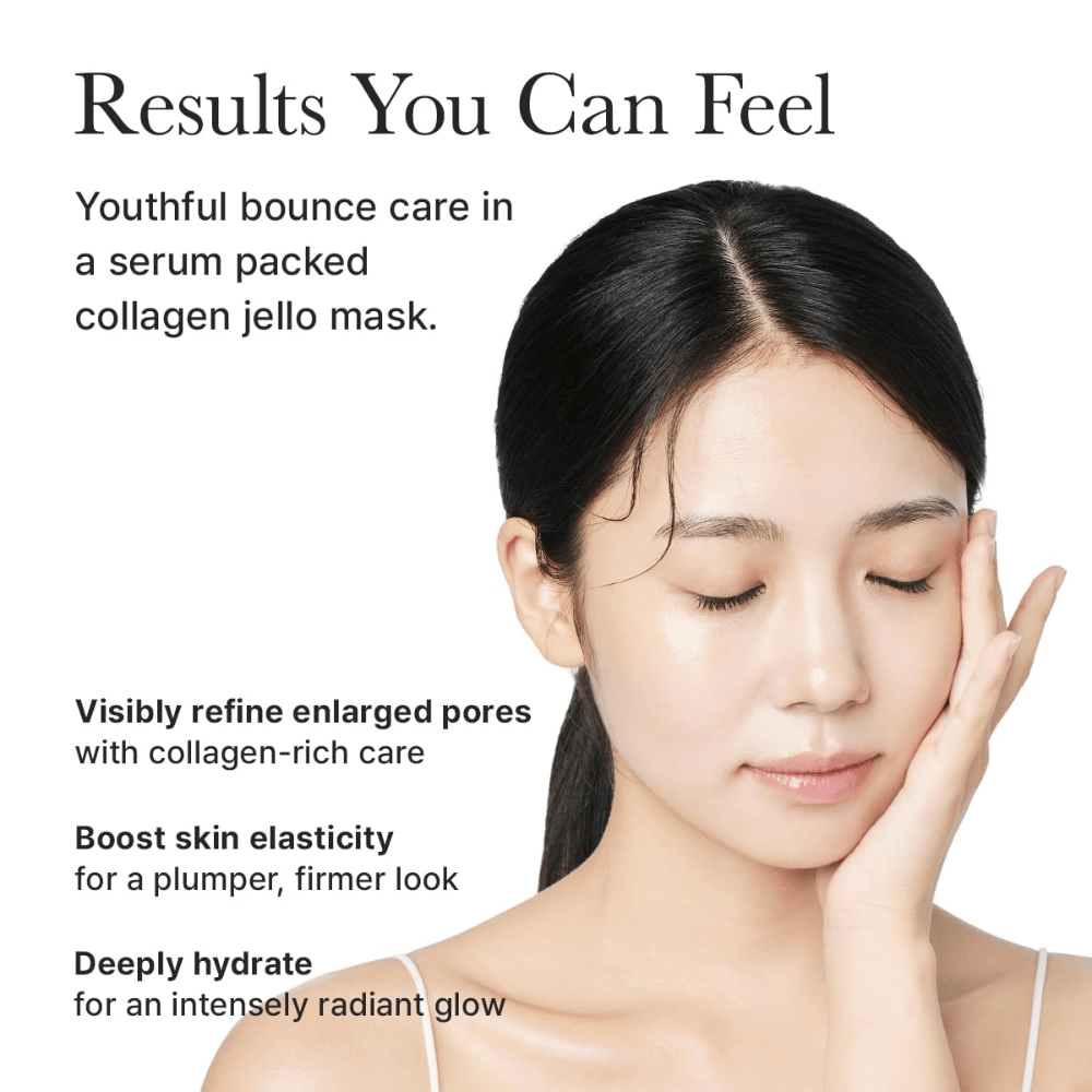 Rezultati Arencia Red Collagen Jello Mask – vidno čvrstejša koža, izboljšana elastičnost, zmanjšane pore in intenzivno vlaženje z leskom.