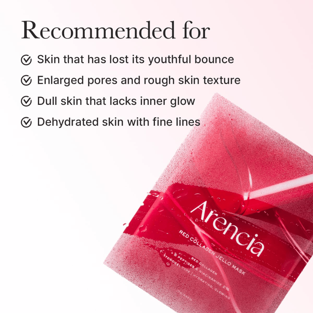 Arencia Red Collagen Jello Mask se priporoča za utrujeno kožo, povečane pore, neenakomerno strukturo kože in izsušeno kožo z drobnimi linijami.