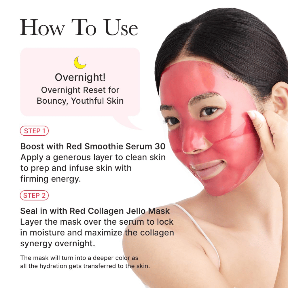 Navodila za uporabo Arencia Red Collagen Jello Mask kot nočno masko – nanesite po serumu za čvrstost, globoko vlaženje in mladostno kožo čez noč.