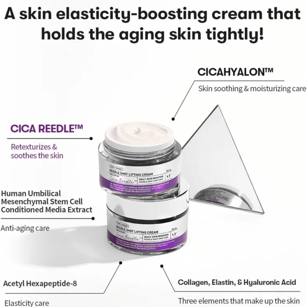 VT Cosmetics Reedle Shot Lifting Cream krema za obraz s Cica Reedle, ki izboljša elastičnost kože, jo navlaži in zagotavlja čvrstejšo kožo.