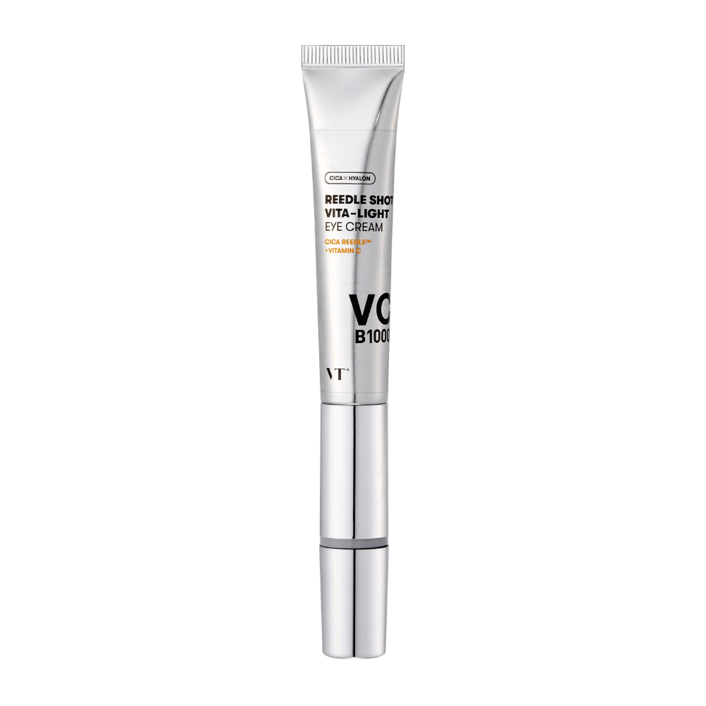 VT Reedle Shot Vita-Light Eye Cream v srebrni embalaži z CICA, vitaminom C in vlažilnimi sestavinami za posvetlitev in pomiritev predela pod očmi.