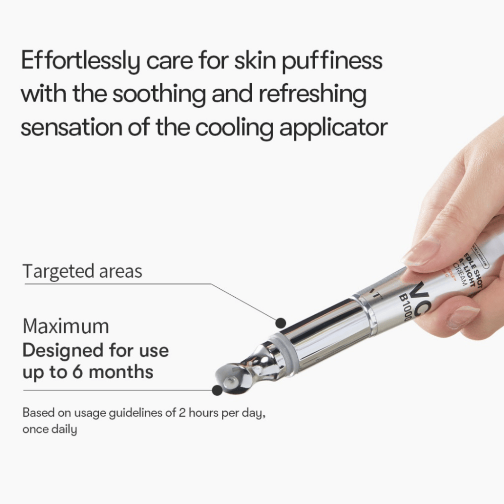 VT Reedle Shot Vita-Light Eye Cream s hladilnim aplikatorjem, ki zmanjšuje otekanje in zagotavlja osvežujoč občutek pri uporabi okoli oči.