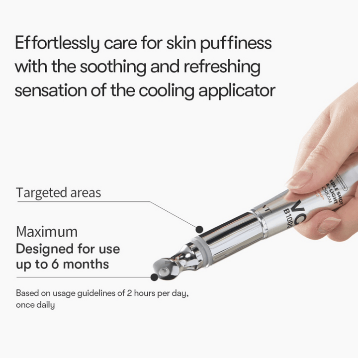 VT Reedle Shot Vita-Light Eye Cream s hladilnim aplikatorjem, ki zmanjšuje otekanje in zagotavlja osvežujoč občutek pri uporabi okoli oči.