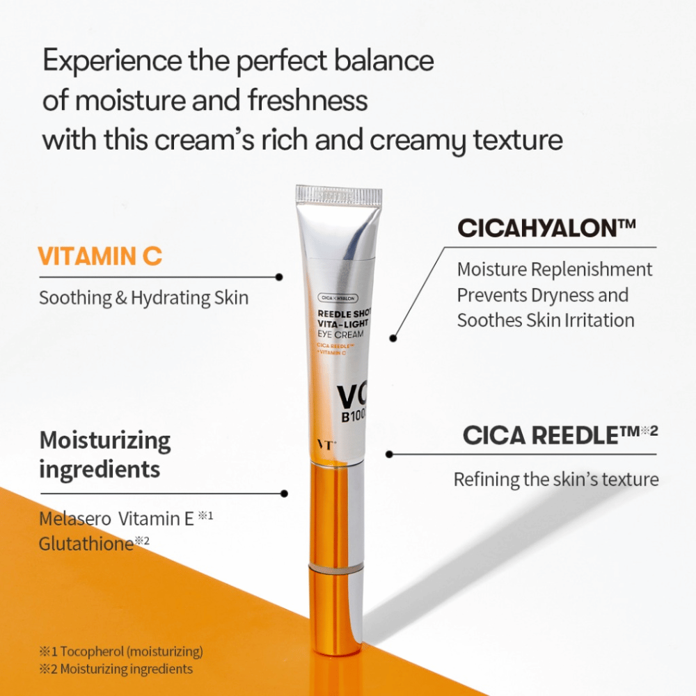 VT Reedle Shot Vita-Light Eye Cream z vitaminom C, E in CICA-kompleksom – krema za oči v kovinski tubi, ki vlaži, pomirja in izboljšuje strukturo kože.