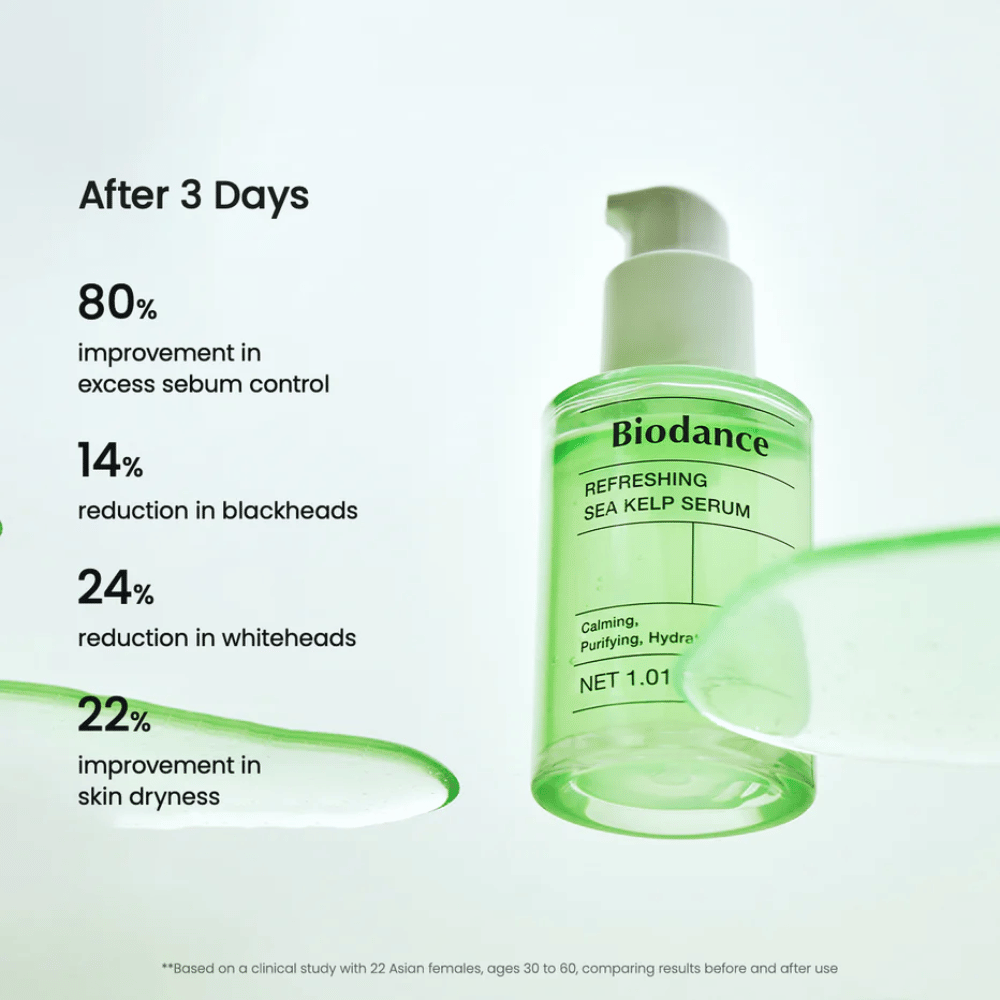 Rezultat po 3 dneh z Biodance Sea Kelp Serum – zmanjšana proizvodnja sebuma in zmanjšane ogrce.