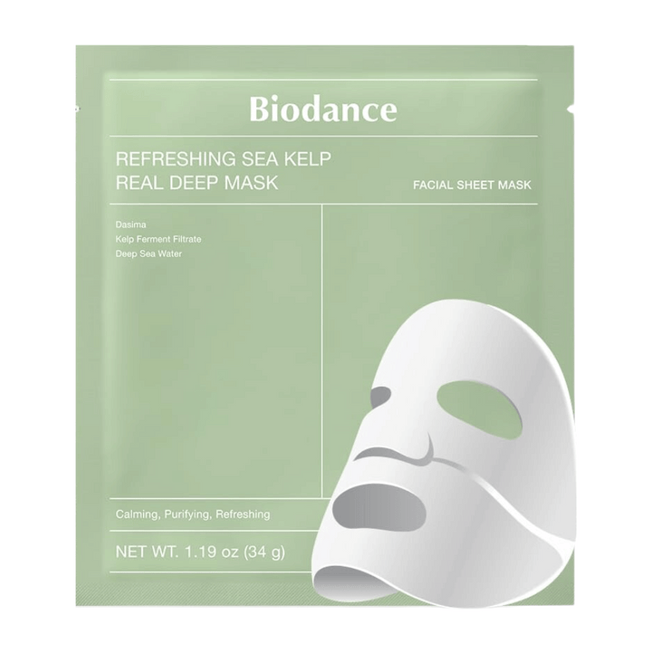 Biodance Refreshing Sea Kelp Real Deep Mask – pomirjujoča in vlažilna obrazna maska s fermentirano algo kelp in globokomorsko vodo. Čisti, uravnava in daje koži svež sijaj.
