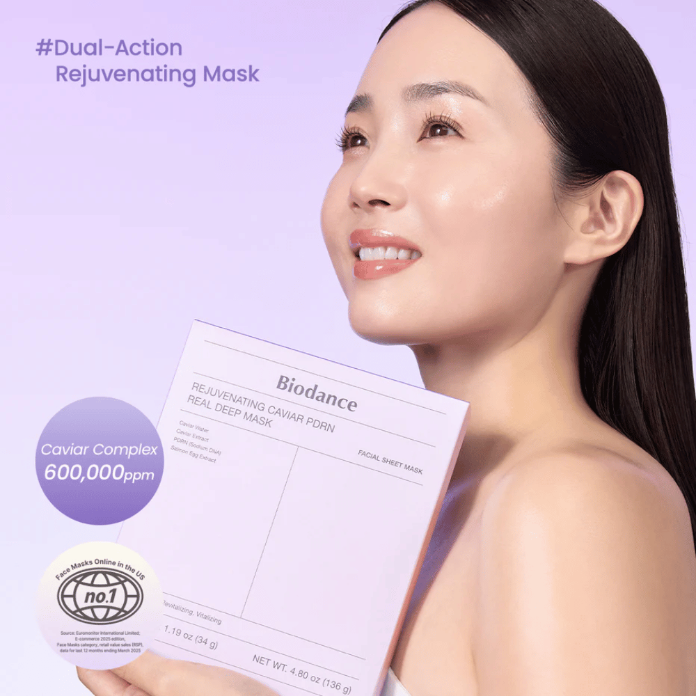 Slika izdelka Biodance Rejuvenating Caviar PDRN Real Deep Mask – vijolična sheet mask-embalaža s kaviarjem, PDRN in vlažilno formulo