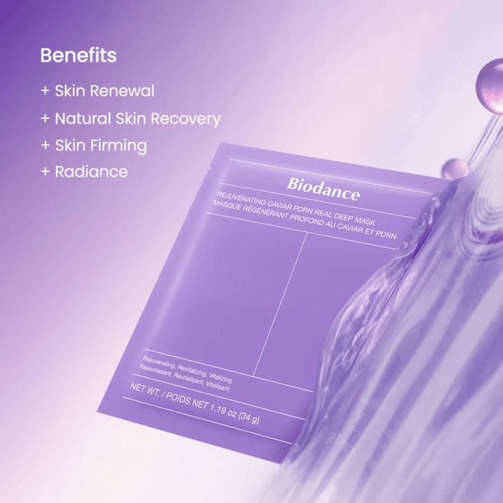 Biodance Rejuvenating Caviar PDRN Real Deep Mask na modelu z naravnim sijajem in vidnim leskom po uporabi
