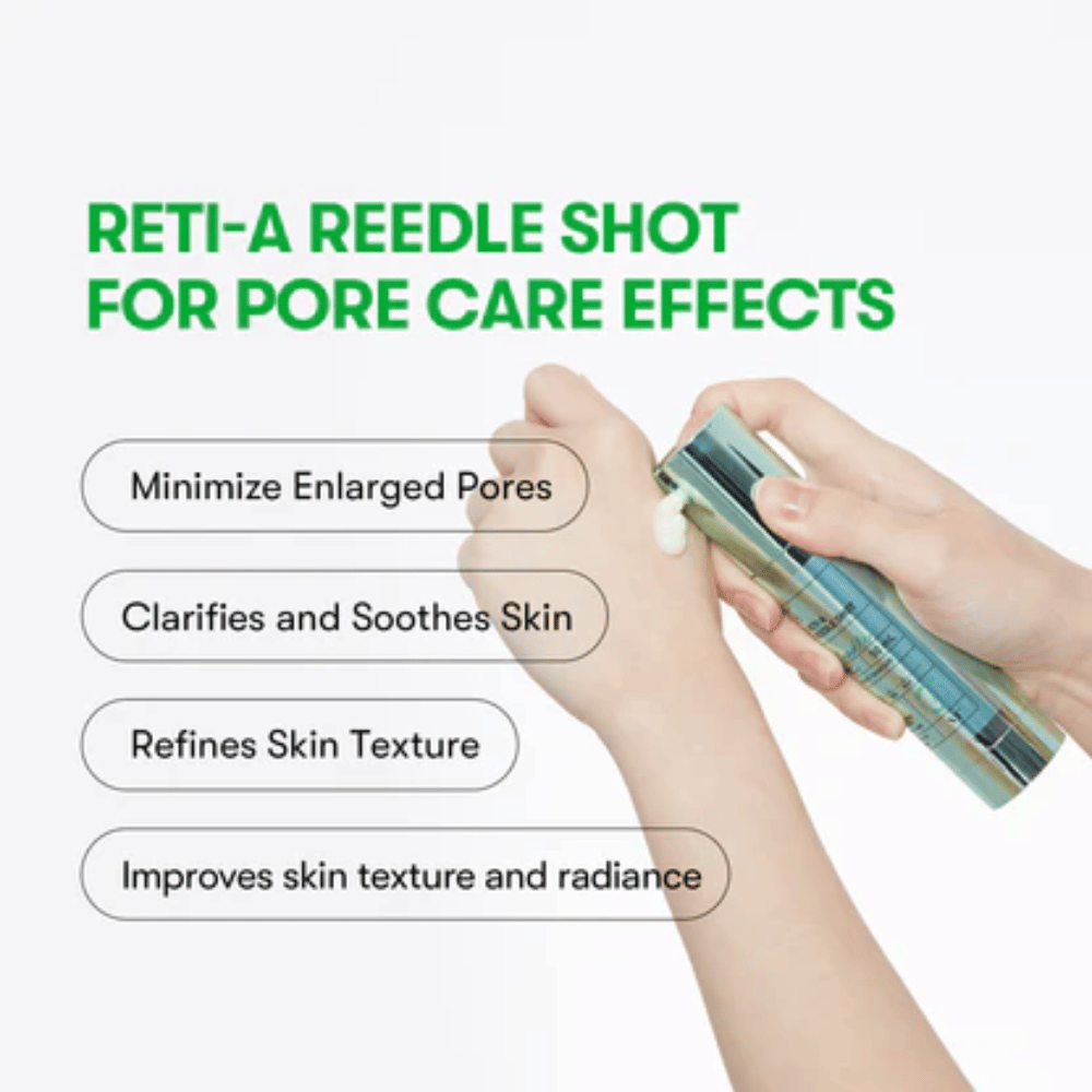 VT Reti-A Reedle Shot nanesen na roko, prikazuje teksturo seruma in njegov učinek za zmanjšanje por, pomiritev kože in izboljšanje sijaja kože.