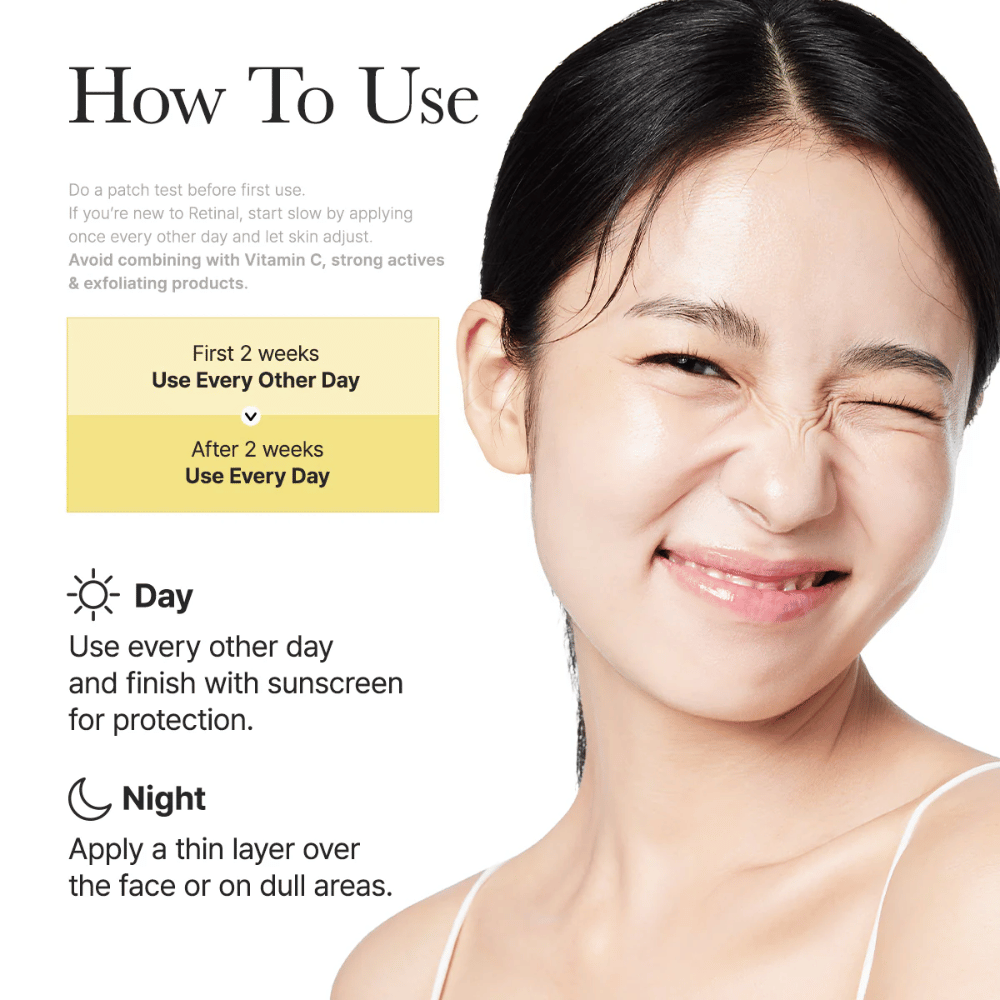 Slika navodil za Arencia Retinal Booster Shot z priporočeno uporabo vsak drugi dan v prvih dveh tednih in nato dnevno, dnevna in nočna rutina za retinal.