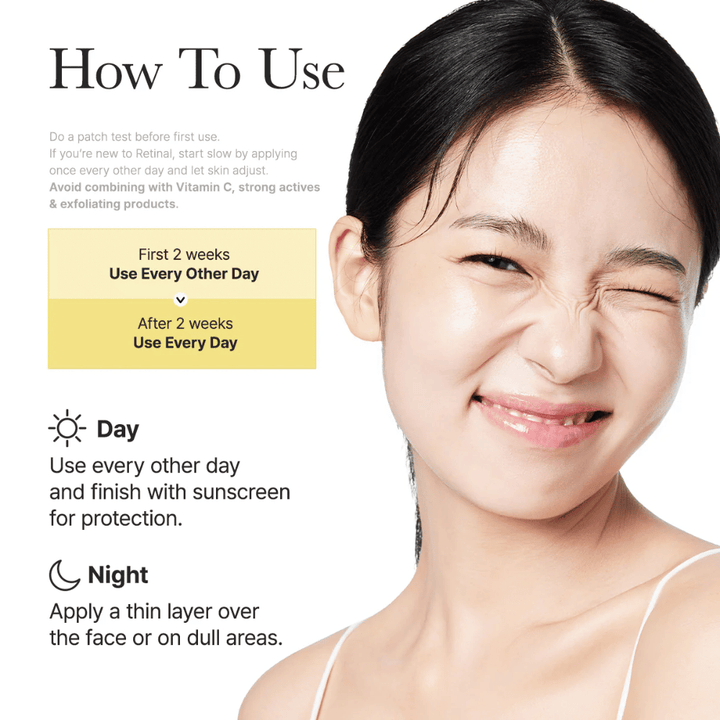 Slika navodil za Arencia Retinal Booster Shot z priporočeno uporabo vsak drugi dan v prvih dveh tednih in nato dnevno, dnevna in nočna rutina za retinal.