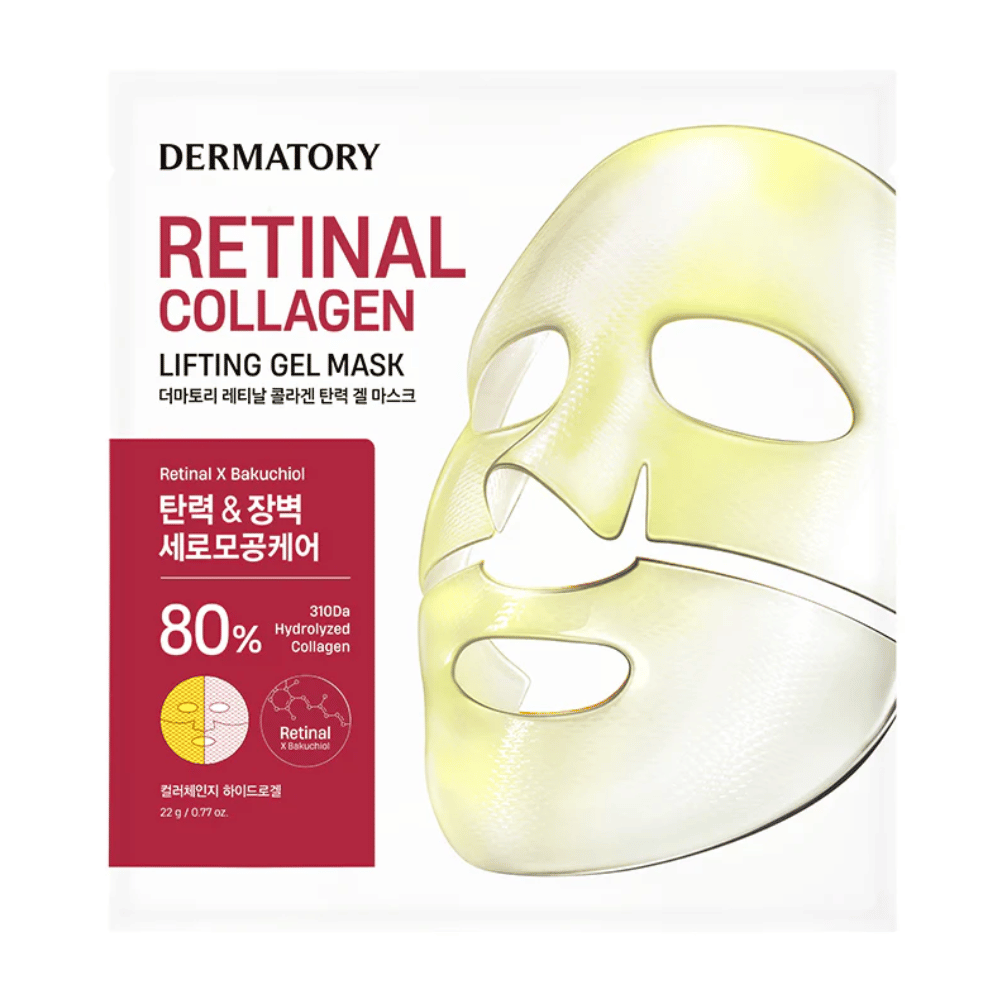 Embalaža Dermatory Retinal Collagen Lifting Gel Mask z sliko obrazne maske v rumeni barvi. Maska vsebuje 80% hidroliziranega kolagena in retinala za učvrstitev in pomlajevalni učinek, idealna za zagotavljanje elastičnosti in sijaja kože.