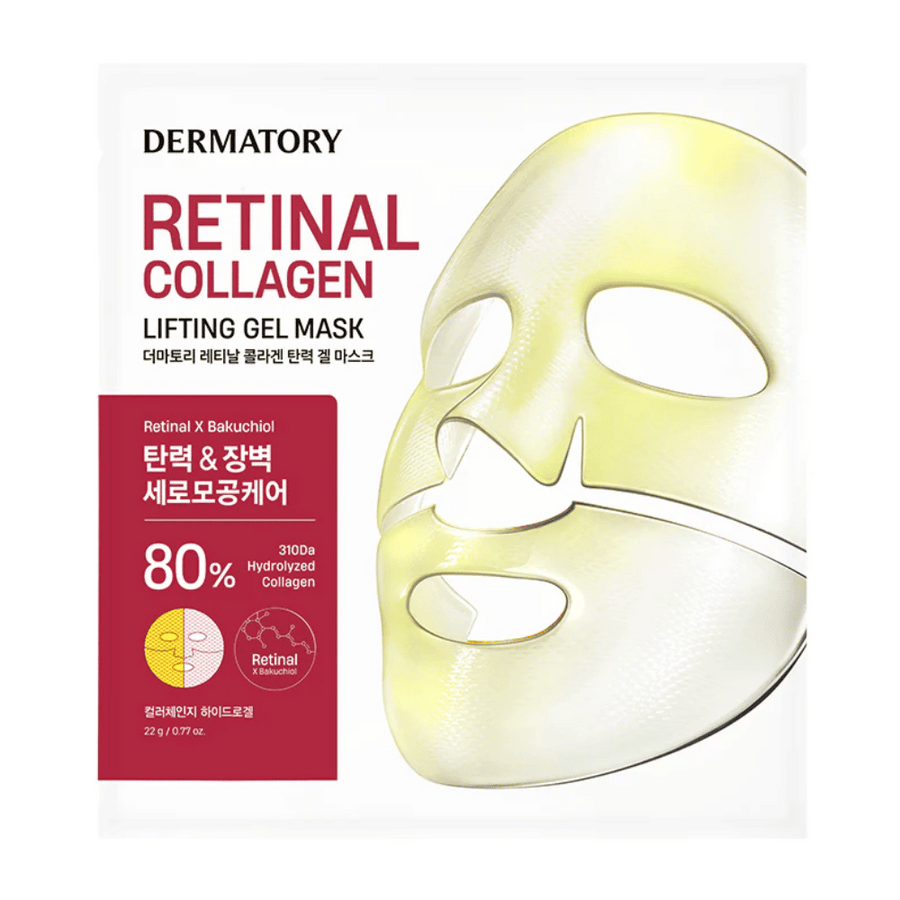Embalaža Dermatory Retinal Collagen Lifting Gel Mask z sliko obrazne maske v rumeni barvi. Maska vsebuje 80% hidroliziranega kolagena in retinala za učvrstitev in pomlajevalni učinek, idealna za zagotavljanje elastičnosti in sijaja kože.