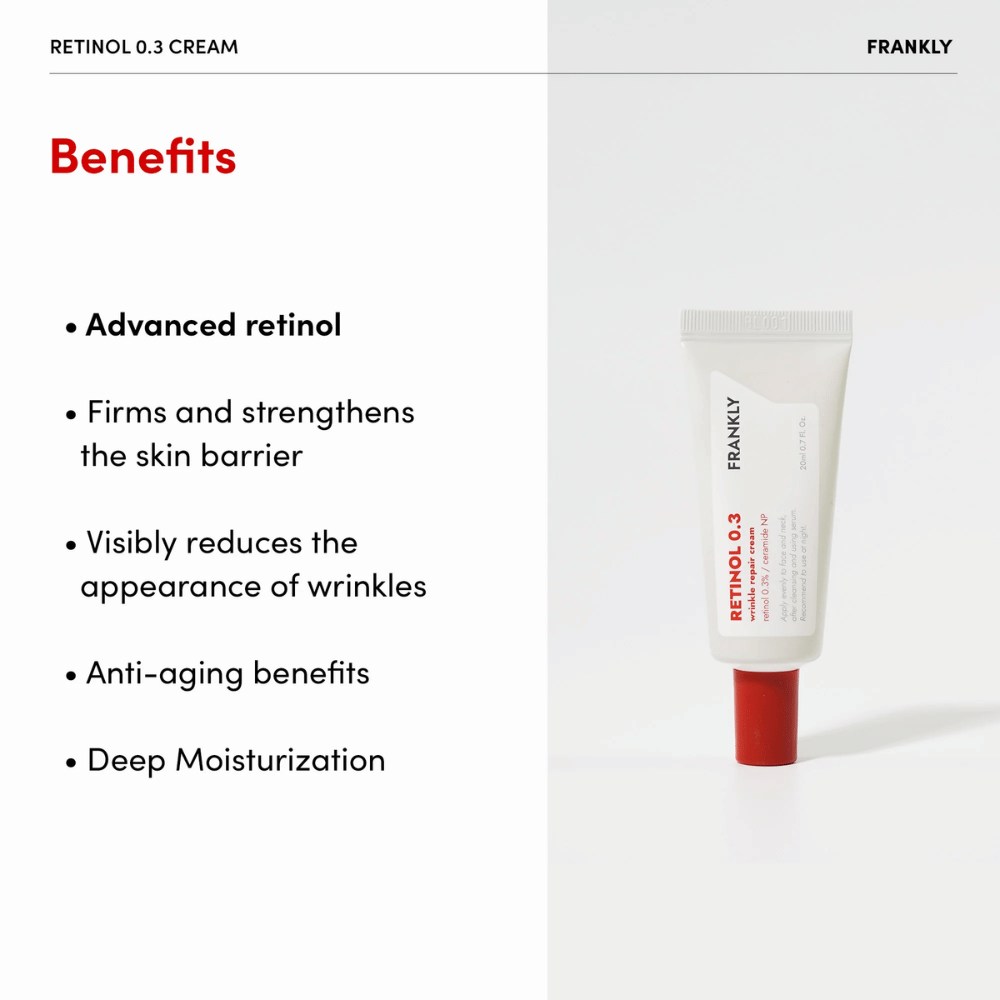 Slika izdelka FRANKLY Retinol 0.3 krema z navedenimi prednostmi: napreden retinol, krepi kožno pregrado in globinsko vlaži.