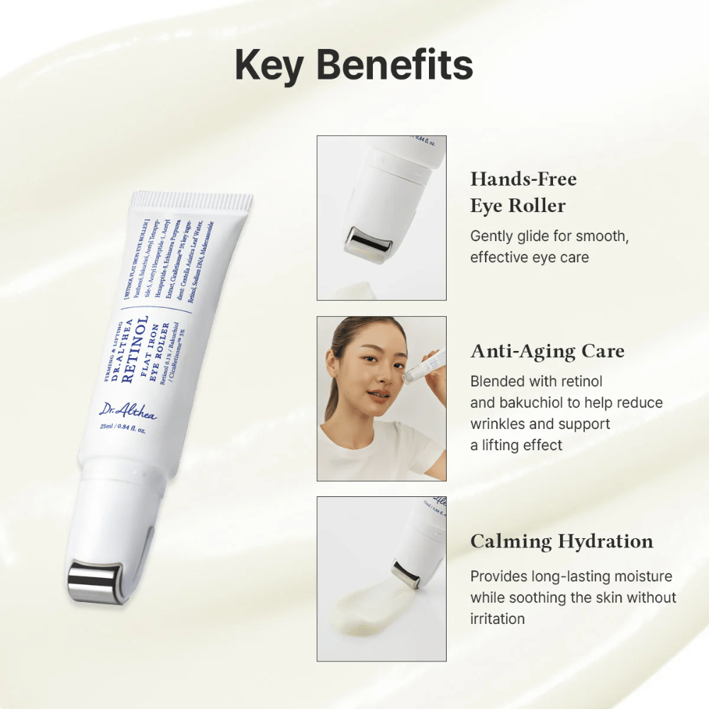 Dr. Althea Retinol Flat Iron Eye Roller z metalnim valjčkom za hladilni učinek, lastnosti proti staranju in dolgotrajno vlaženje brez draženja.