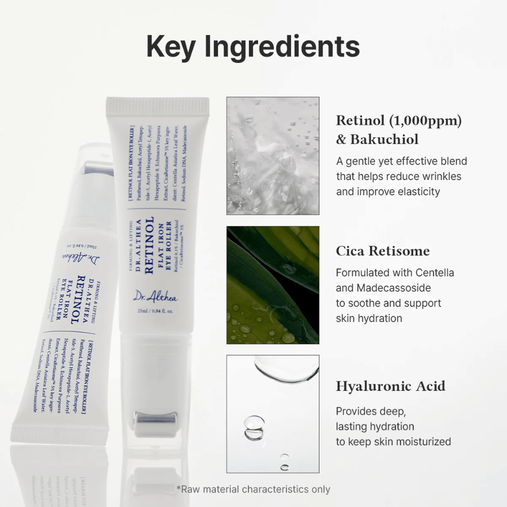 Dr. Althea Retinol Flat Iron Eye Roller z retinolom, bakuchiolom, cico in hialuronsko kislino, ki vlaži, pomirja in zmanjšuje gube.