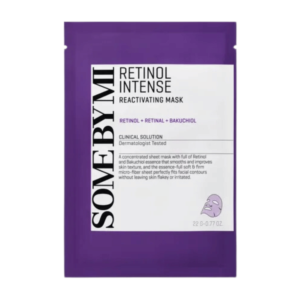 Slika prikazuje embalažo "Retinol Intense Reactivating Mask", izdelek za nego kože, ki vsebuje retinol, retinal in bakuchiol. Maska je dermatološko testirana.