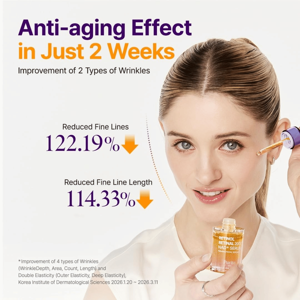 PURITO SEOUL Retinol Retinal 2000 NAD+ Serum – korejski serum proti staranju, razvit za zmanjšanje vidnosti drobnih linij in gub.
