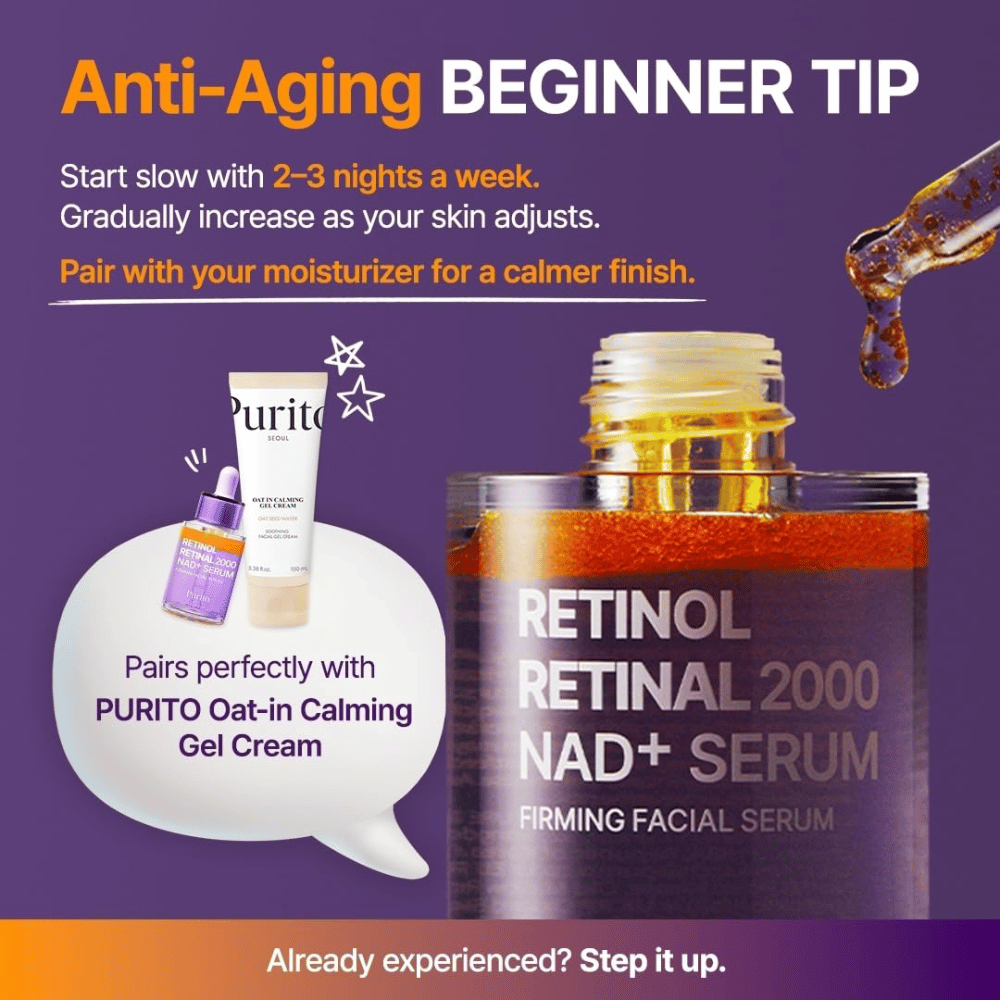 PURITO SEOUL Retinol Retinal 2000 NAD+ Serum – serum začnite uporabljati 2–3 večere na teden in ga po možnosti kombinirajte z vlažilno kremo.