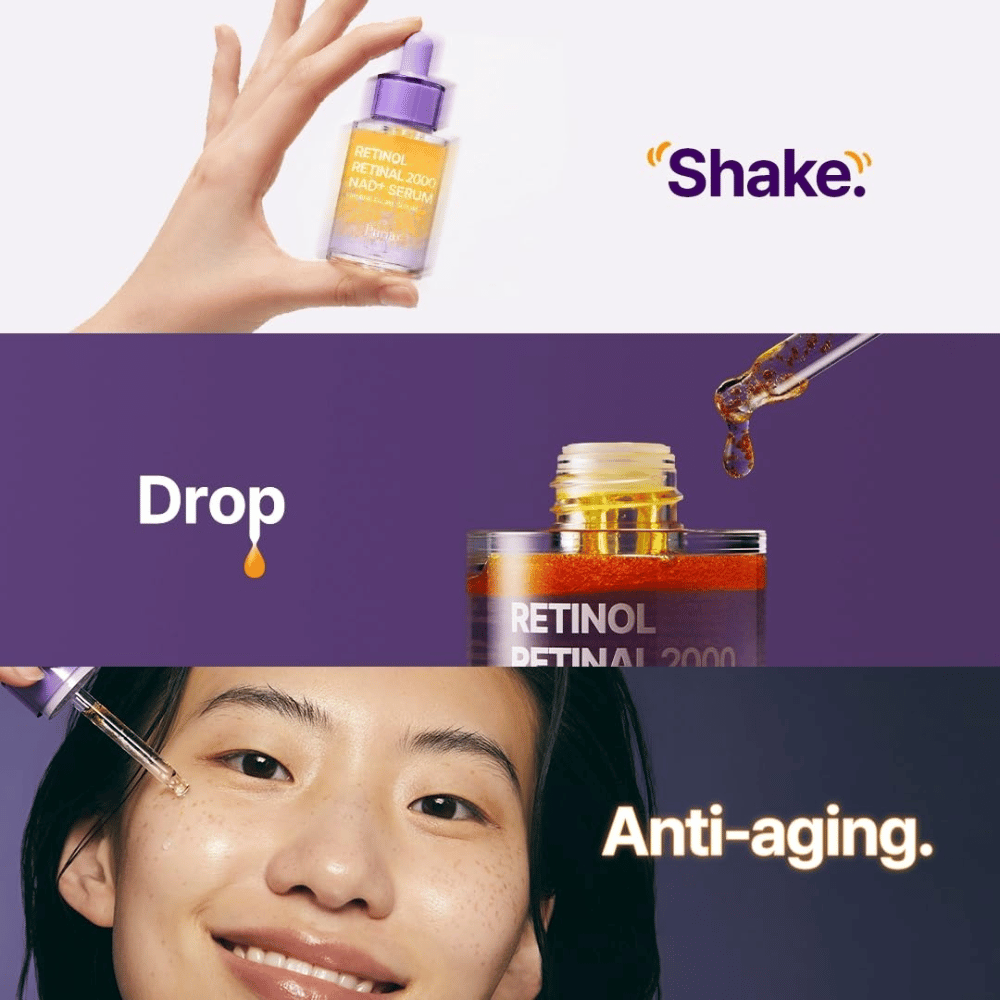 PURITO SEOUL Retinol Retinal 2000 NAD+ Serum – serum proti staranju z retinolom in retinalom, ki se nanaša s pipeto za bolj čvrsto in enakomernejšo kožo.