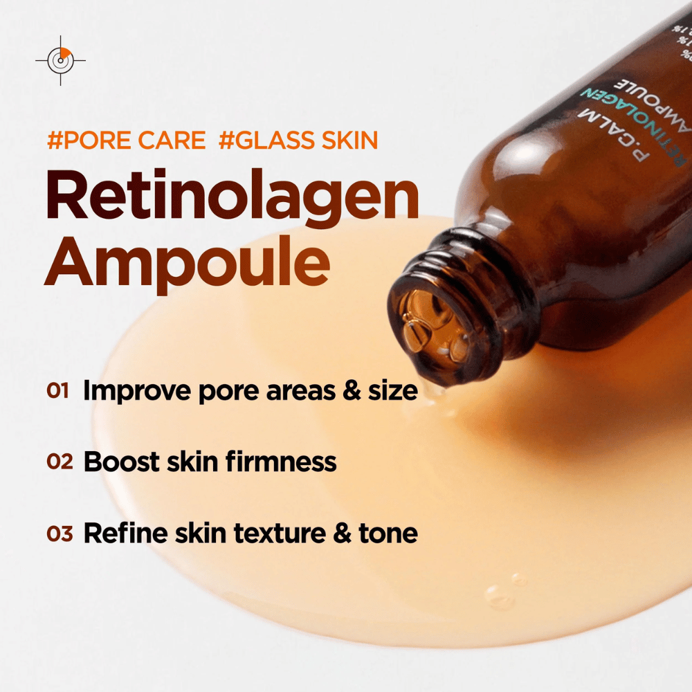 Marketinška slika za P.CALM Retinolagen Ampoule s serumom, ki teče iz stekleničke čez zlato teksturo seruma. Slika poudarja prednosti, kot so izboljšana velikost por, povečana čvrstost kože in bolj enakomeren ten kože.