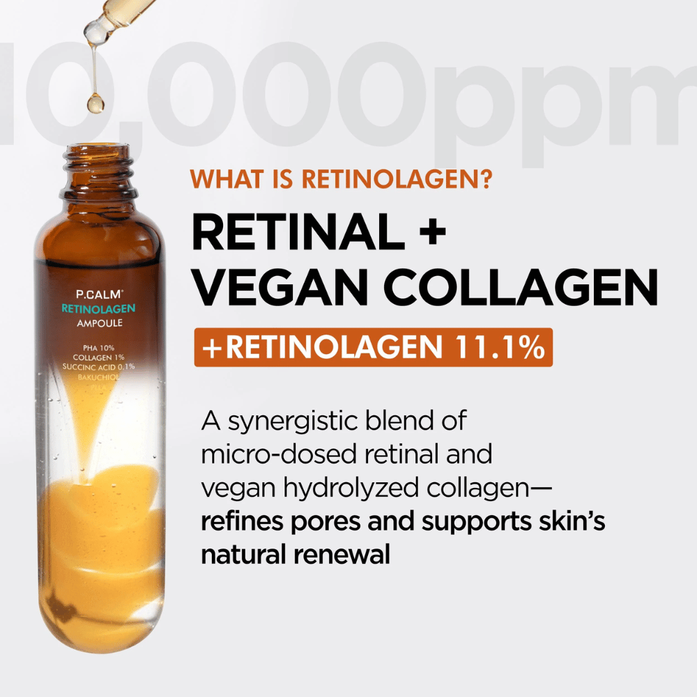 Slika izdelka P.CALM Retinolagen Ampoule skupaj z informacijami o »Retinolagen«, kombinaciji retinala in veganskega kolagena. Slika poudarja obnovo kože, izboljšano strukturo kože in zmanjšanje por.