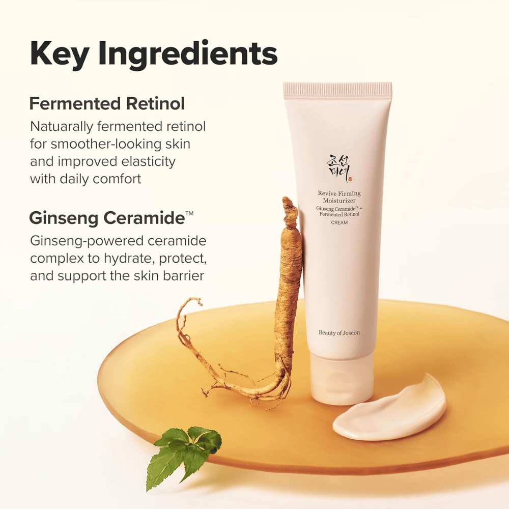 Slika – sestavine (SEO + EEAT)
Beauty of Joseon Revive Firming Moisturizer z ginseng ceramidom in fermentiranim retinolom, ki krepita kožno bariero in izboljšujeta elastičnost kože.