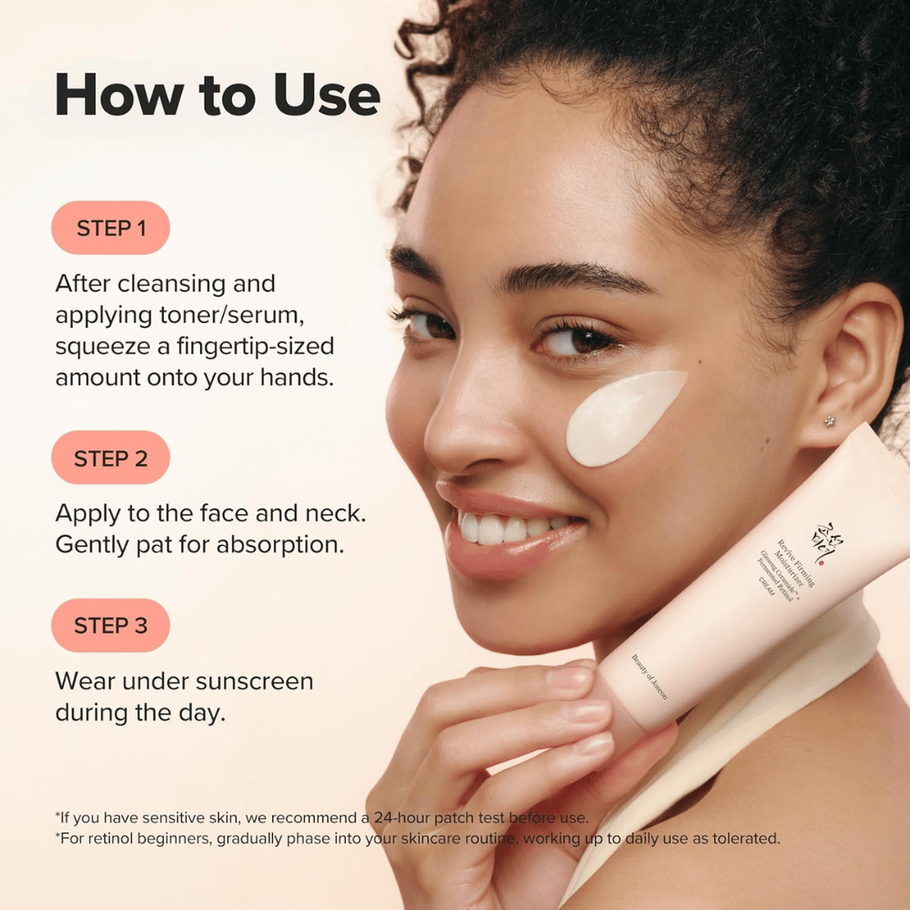 Slika – how to use / nanos
Beauty of Joseon Revive Firming Moisturizer se nanese na obraz po čiščenju, vlaži kožo in izboljšuje elastičnost z retinolom.